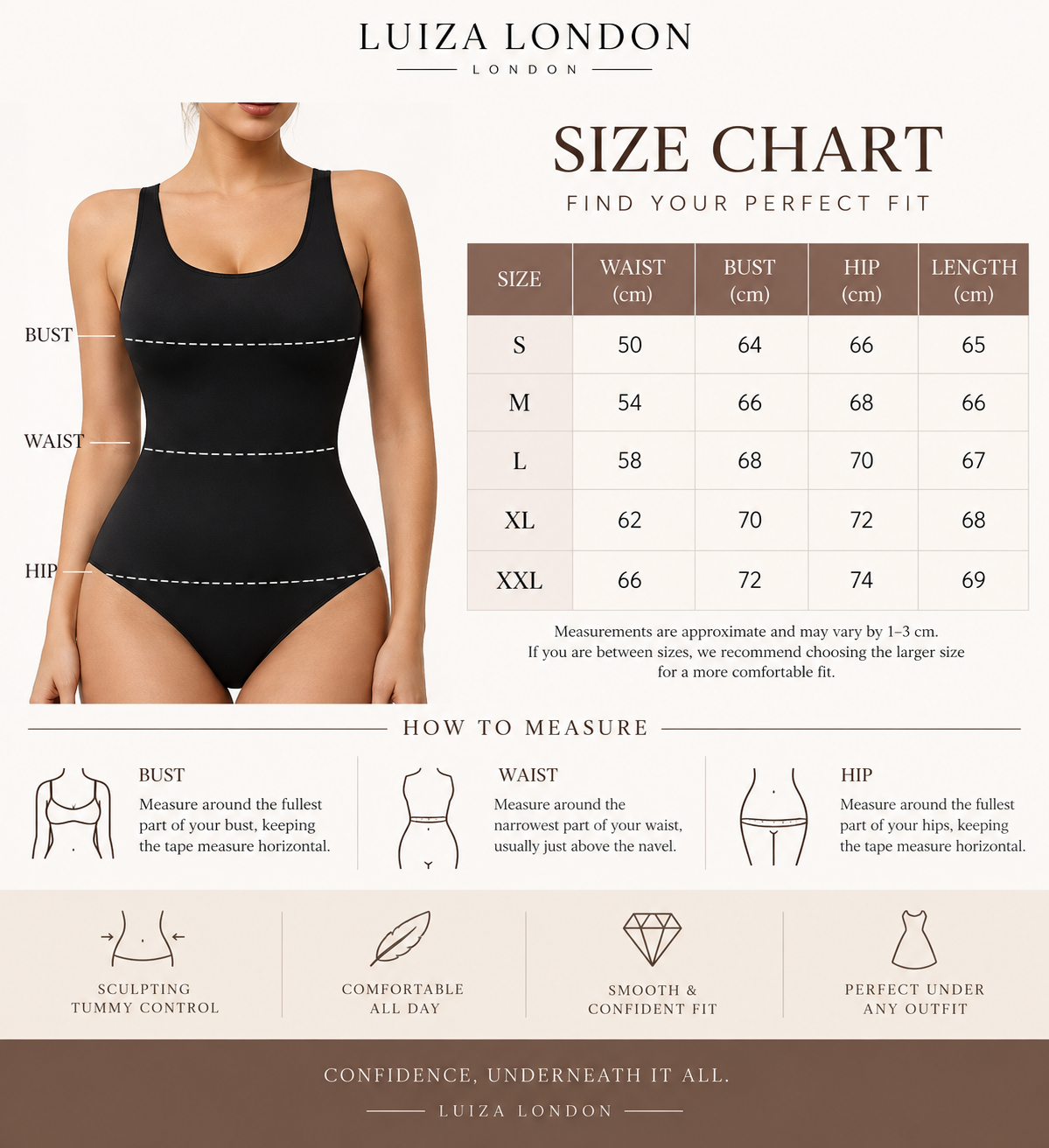 Luiza London size chart with bust, waist, hip and length measurements for sizes S to XXL