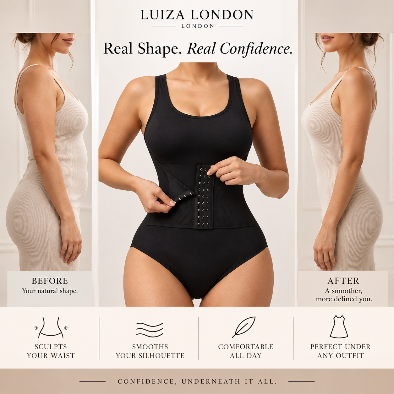 Before and after comparison showing the smoother silhouette achieved with the Mayfair Sculpting Bodysuit